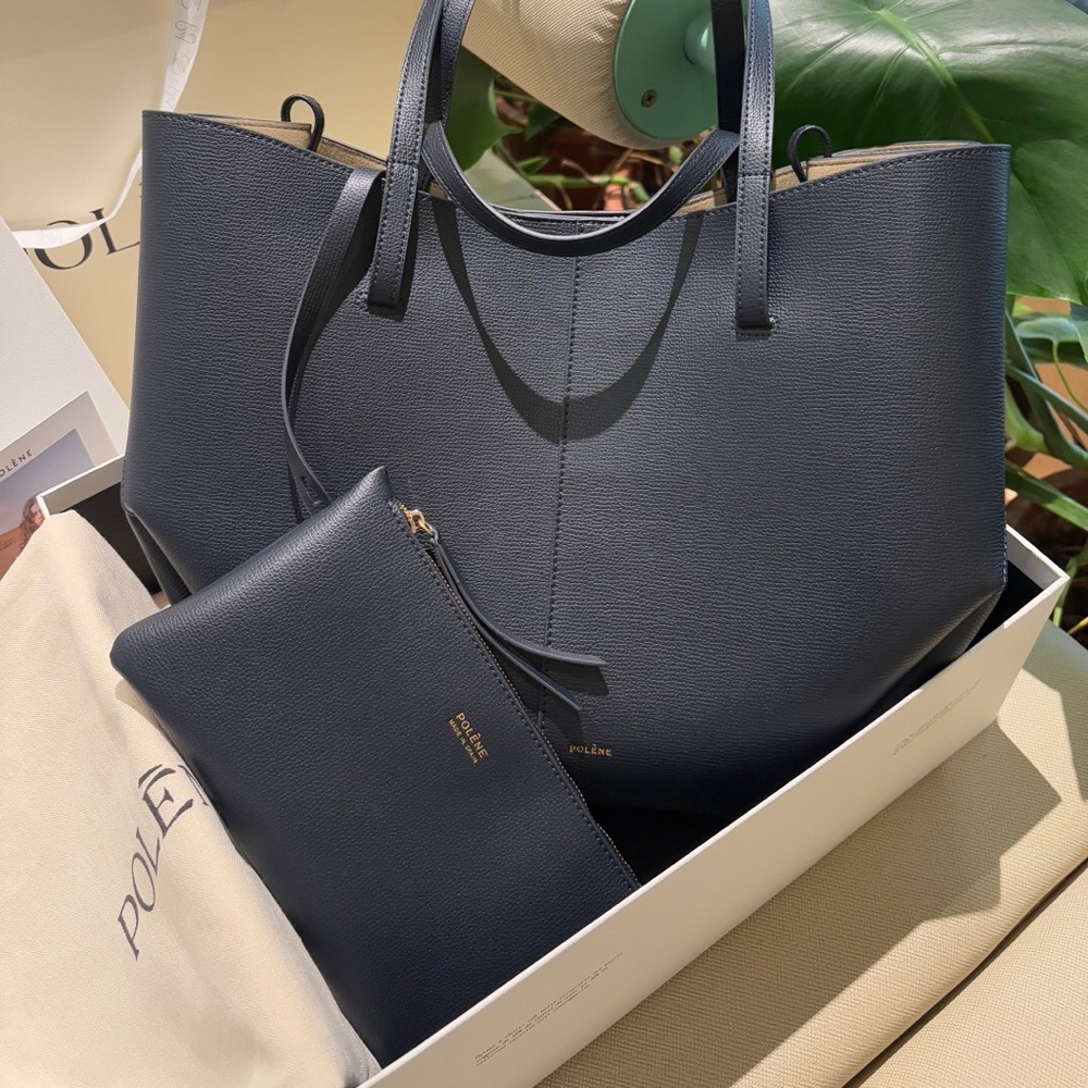 Polene Navy Leather Tote with Matching Pouch